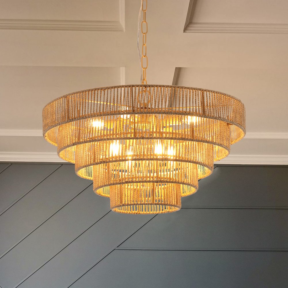 Brown Eight Light Metal Chandelier With Brown Shades