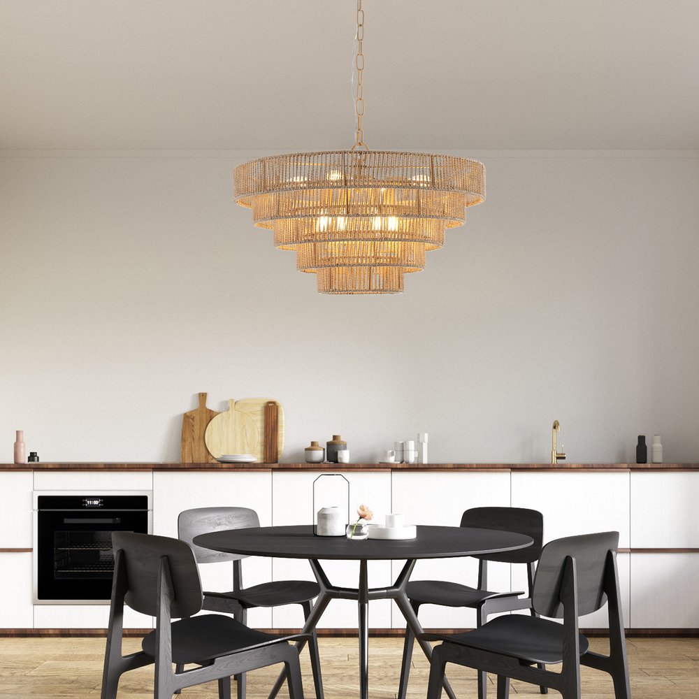 Brown Eight Light Metal Chandelier With Brown Shades