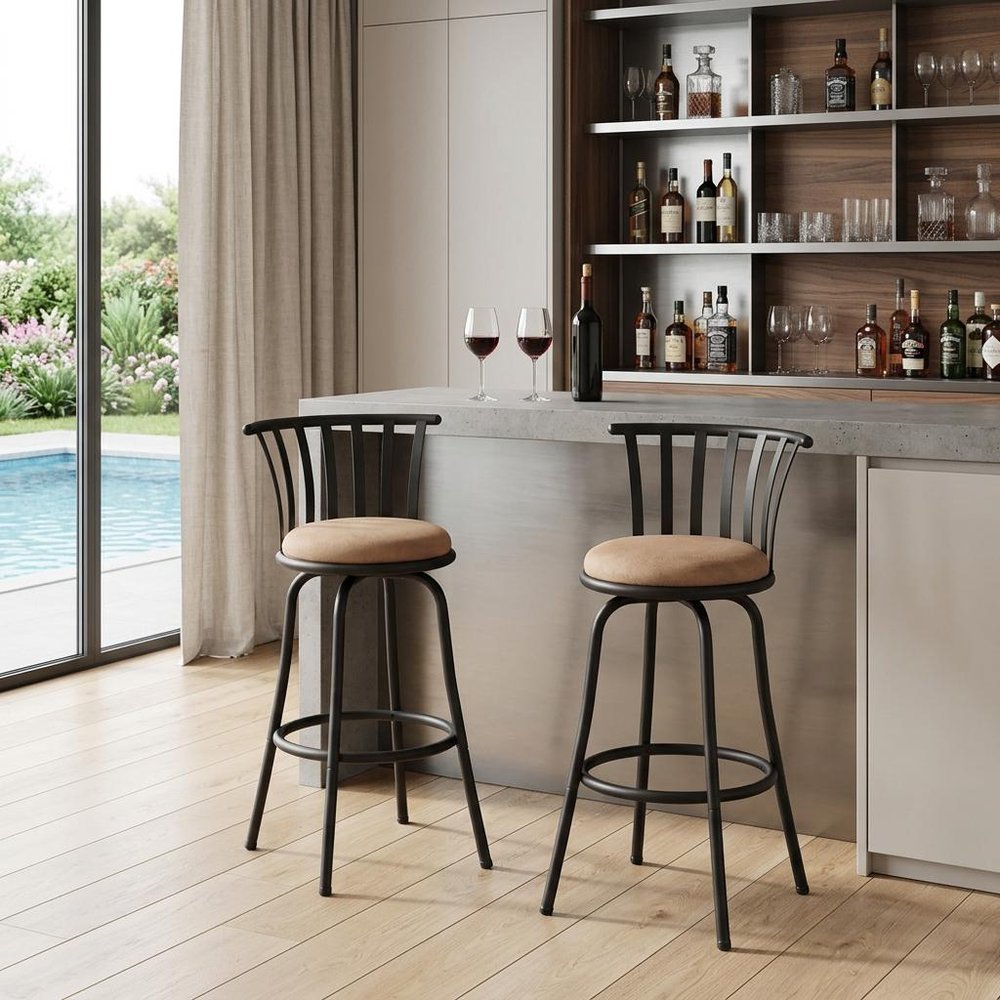 Set of Two 29" Brown and Black Microfiber and Metal Low Back Bar Height Swivel Bar Chairs