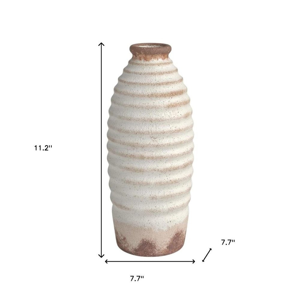 11" Ivory And Brown Round Ceramic Table Vase