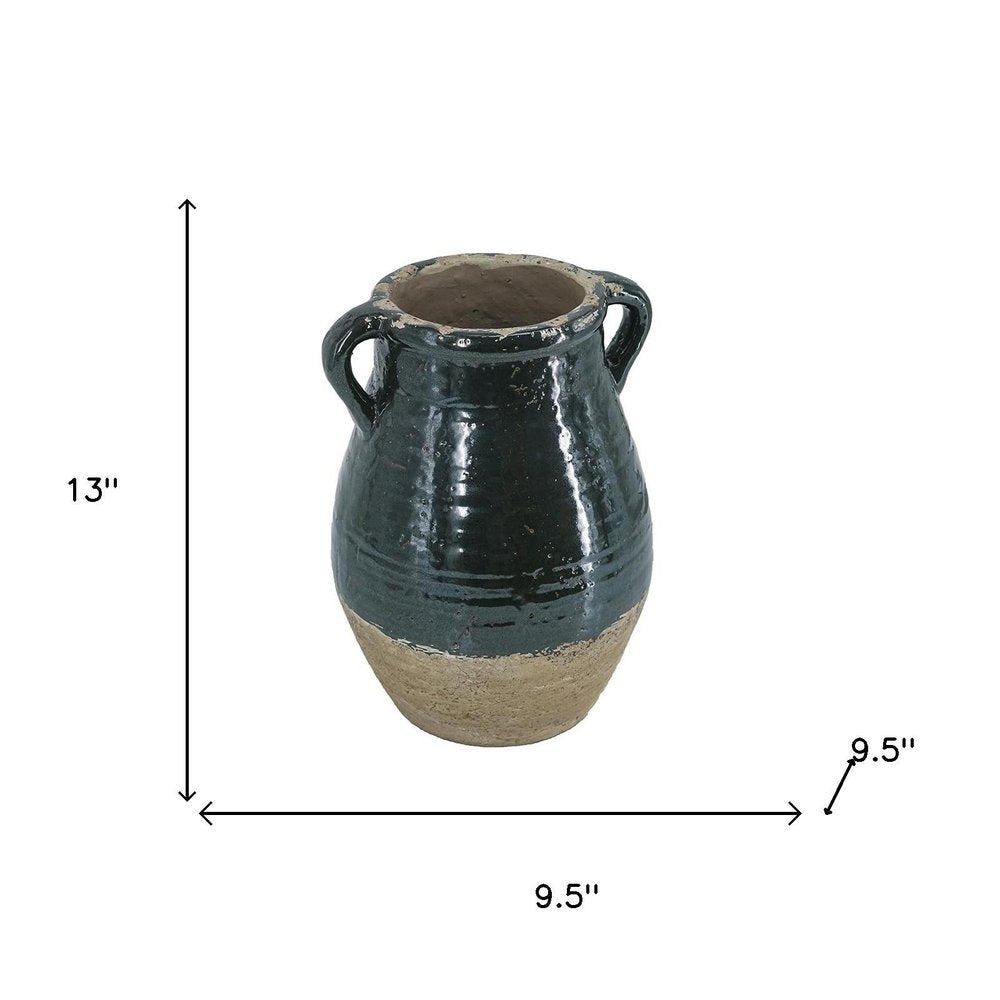 13" Forest Green And Sand Color Block Terracotta Round Jug Vase
