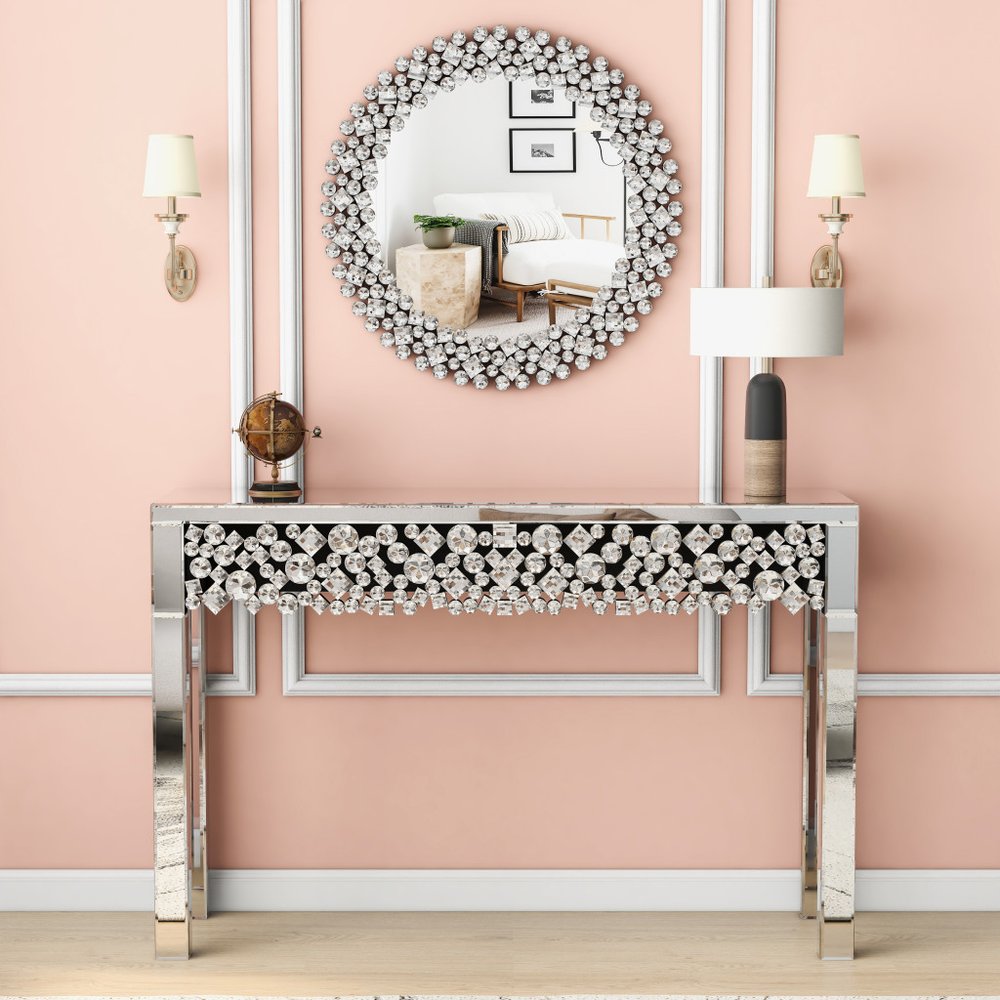 47" Silver Mirrored Glass Faux Crystal Bling Console Table