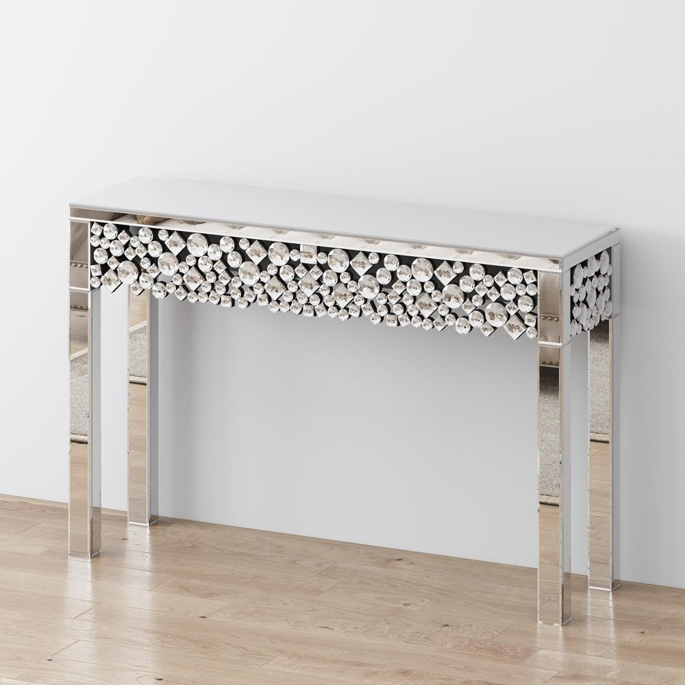 47" Silver Mirrored Glass Faux Crystal Bling Console Table