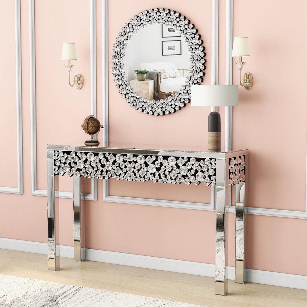 47" Silver Mirrored Glass Faux Crystal Bling Console Table