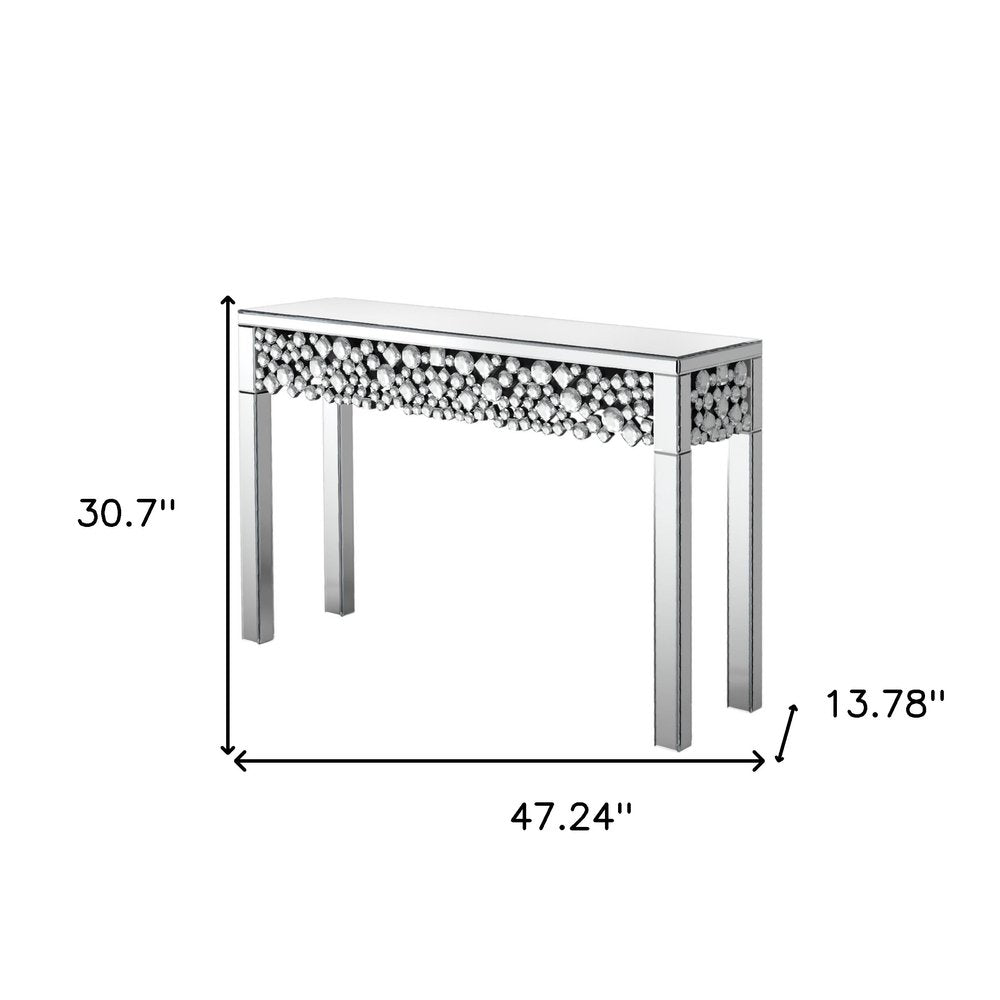 47" Silver Mirrored Glass Faux Crystal Bling Console Table