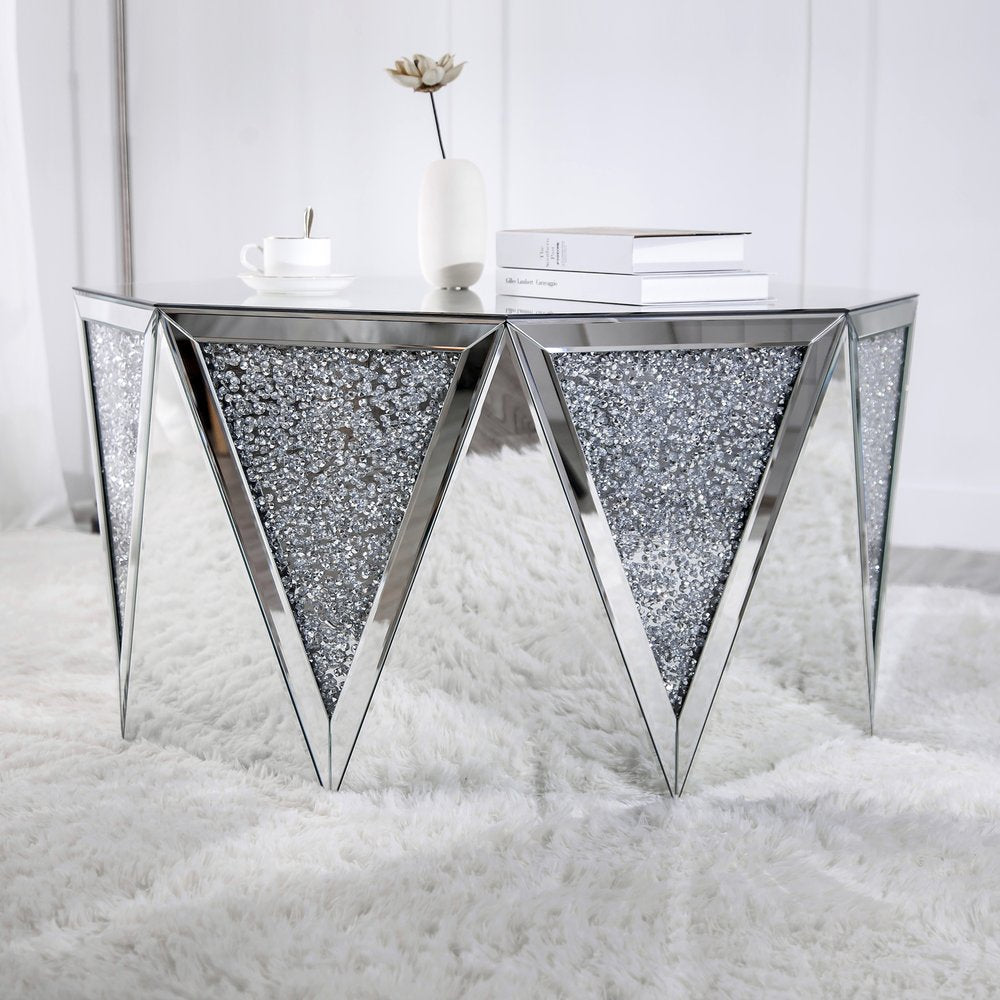 32" Silver Mirrored Glass and Faux Crystal Hexagon Drum Coffee Table