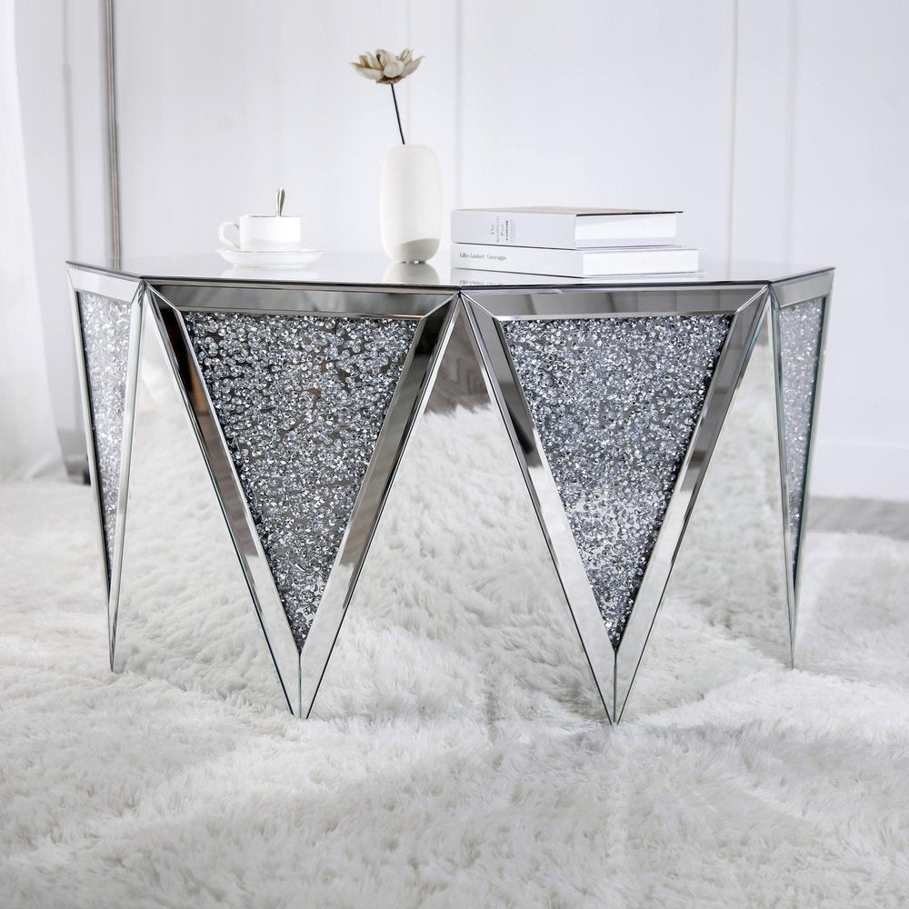 32" Silver Mirrored Glass and Faux Crystal Hexagon Drum Coffee Table