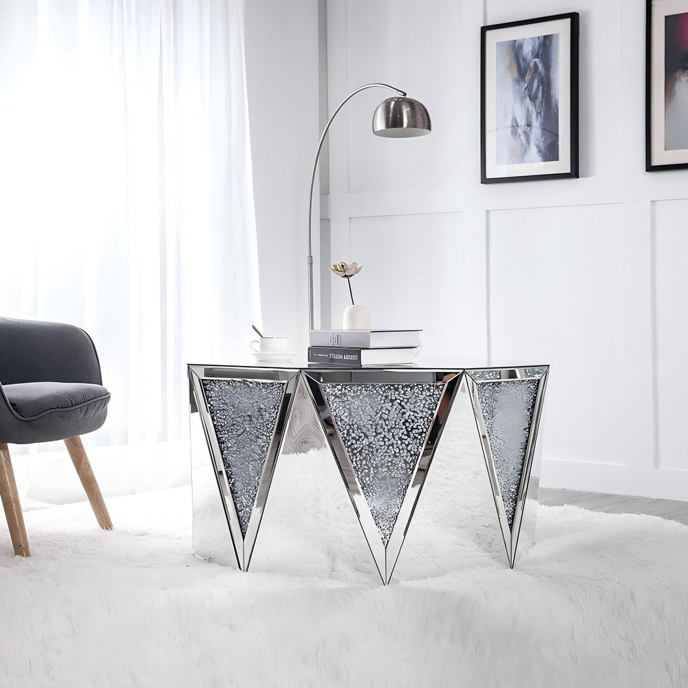 32" Silver Mirrored Glass and Faux Crystal Hexagon Drum Coffee Table