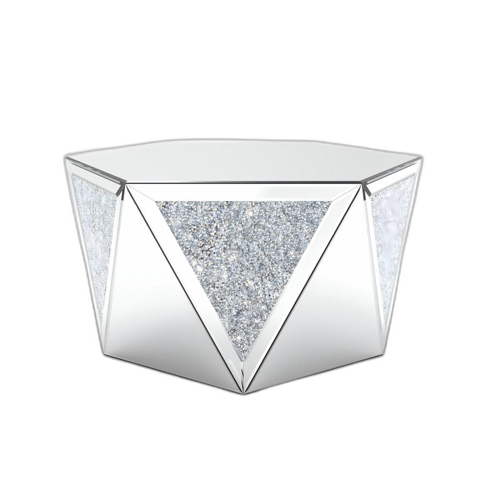 32" Silver Mirrored Glass and Faux Crystal Hexagon Drum Coffee Table