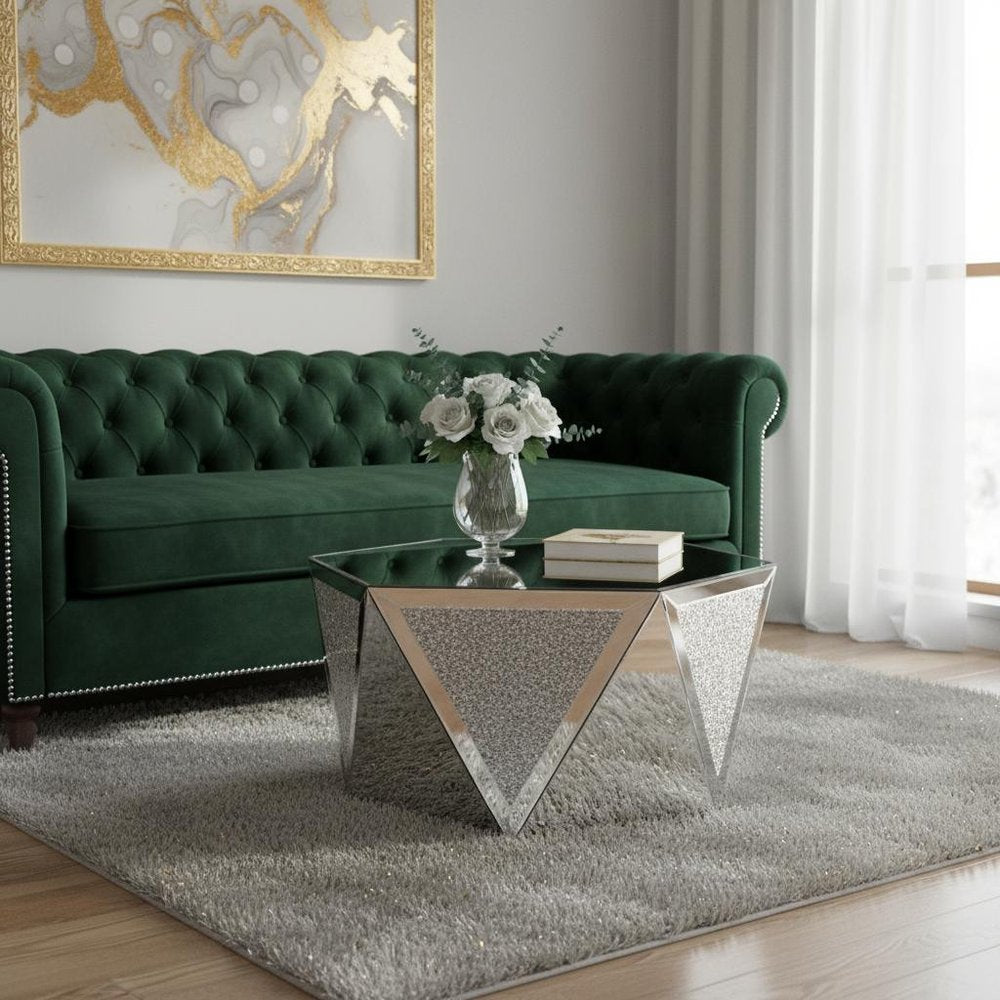 32" Silver Mirrored Glass and Faux Crystal Hexagon Drum Coffee Table