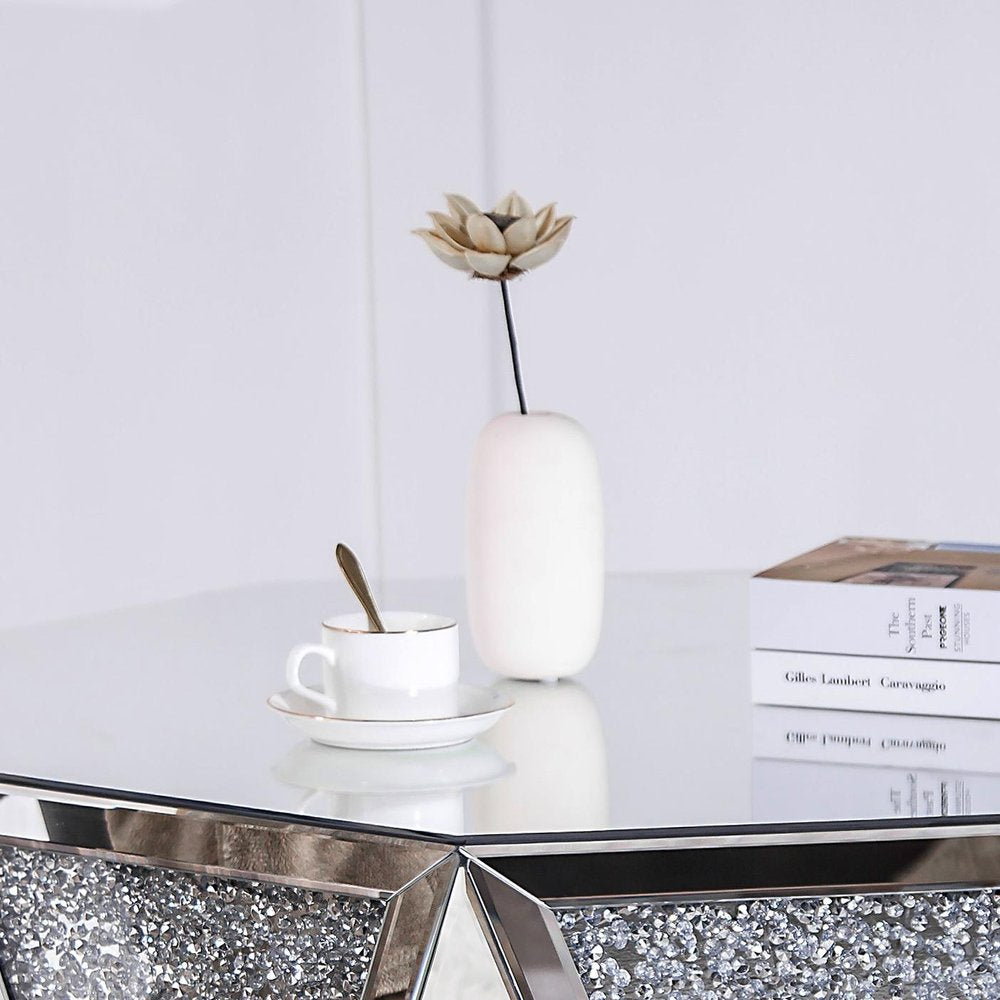 32" Silver Mirrored Glass and Faux Crystal Hexagon Drum Coffee Table