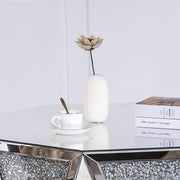 32" Silver Mirrored Glass and Faux Crystal Hexagon Drum Coffee Table