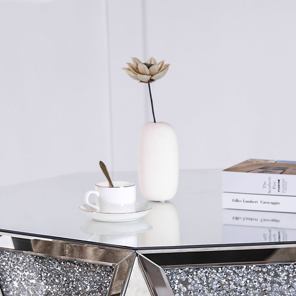 32" Silver Mirrored Glass and Faux Crystal Hexagon Drum Coffee Table