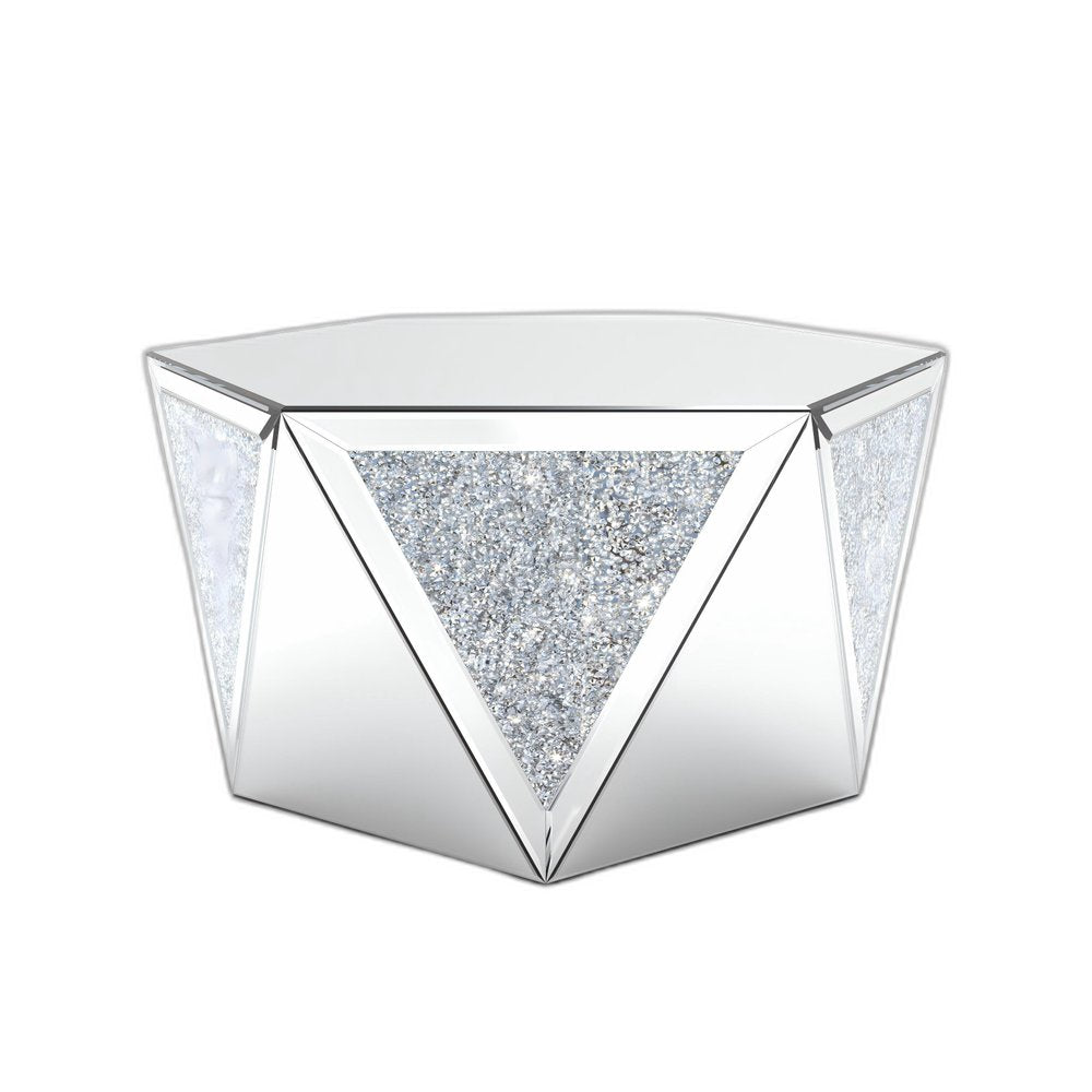 32" Silver Mirrored Glass and Faux Crystal Hexagon Drum Coffee Table