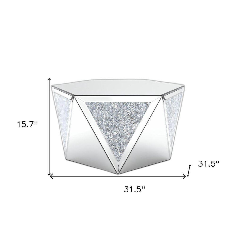 32" Silver Mirrored Glass and Faux Crystal Hexagon Drum Coffee Table