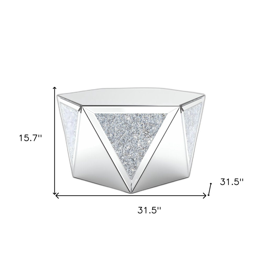 32" Silver Mirrored Glass and Faux Crystal Hexagon Drum Coffee Table