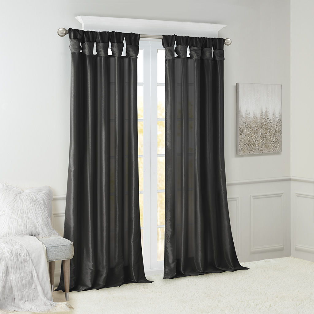 Emilia - Faux Silk Twist Tab Lined Window Curtain Panel - Black