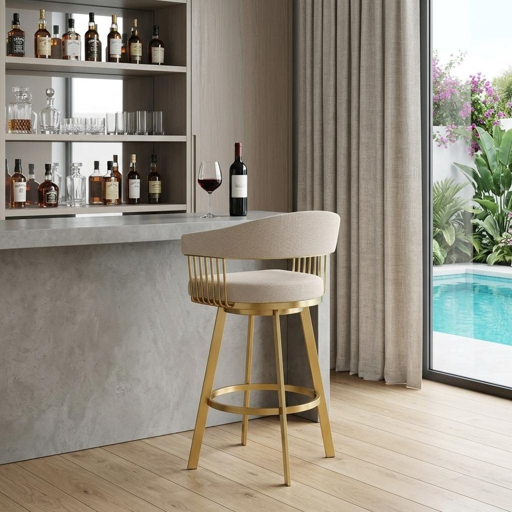 30" Taupe and Gold Fabric and Stainless Steel Low Back Bar Height Swivel Bar Chair