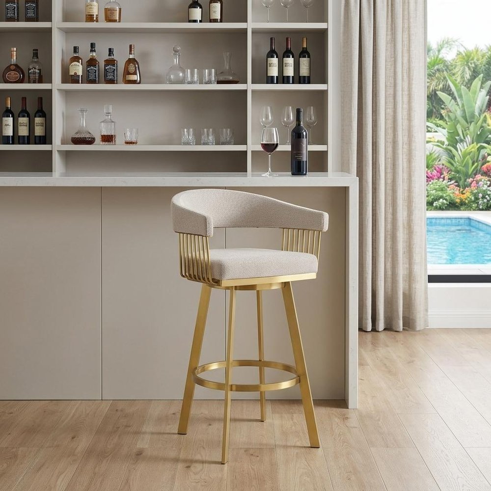 30" Taupe and Gold Fabric and Stainless Steel Low Back Bar Height Swivel Bar Chair