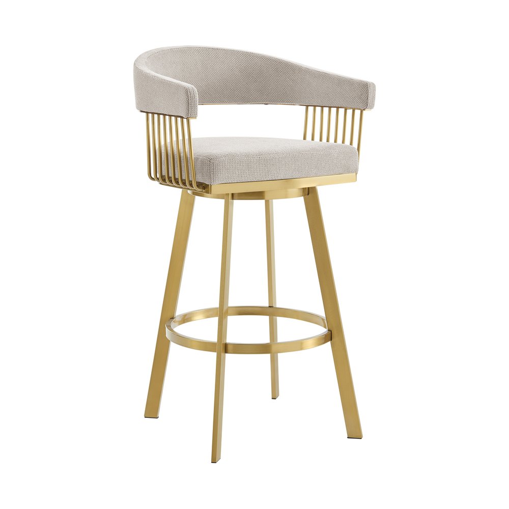 30" Taupe and Gold Fabric and Stainless Steel Low Back Bar Height Swivel Bar Chair