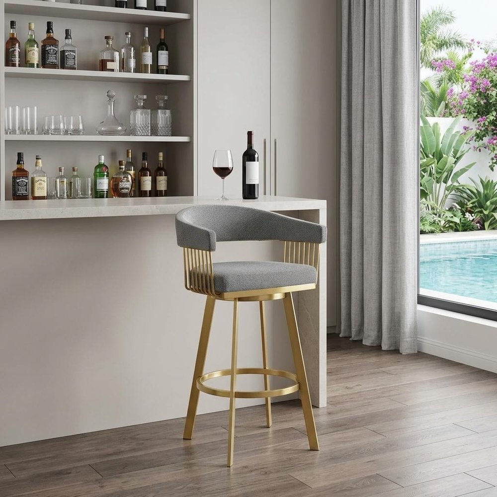 30" Gray and Gold Fabric and Stainless Steel Low Back Bar Height Swivel Bar Chair