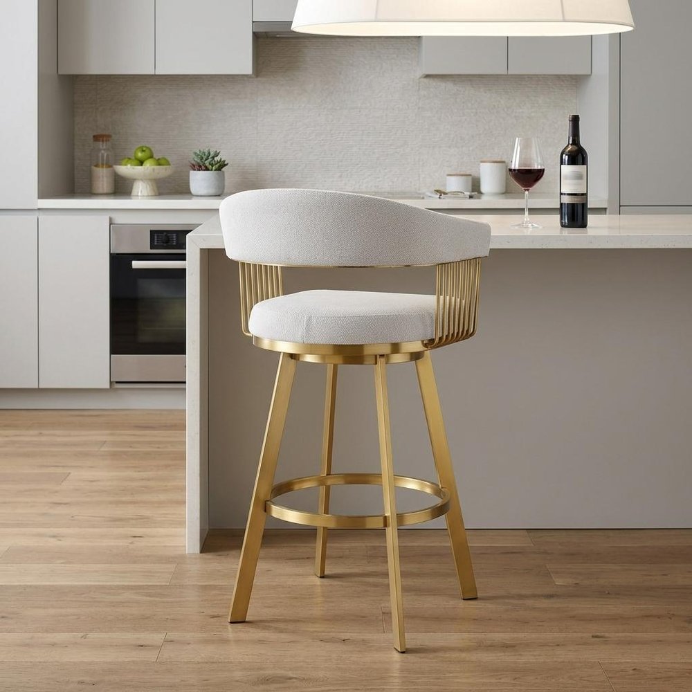 26" Silver and Gold Fabric and Stainless Steel Low Back Counter Height Swivel Bar Chair