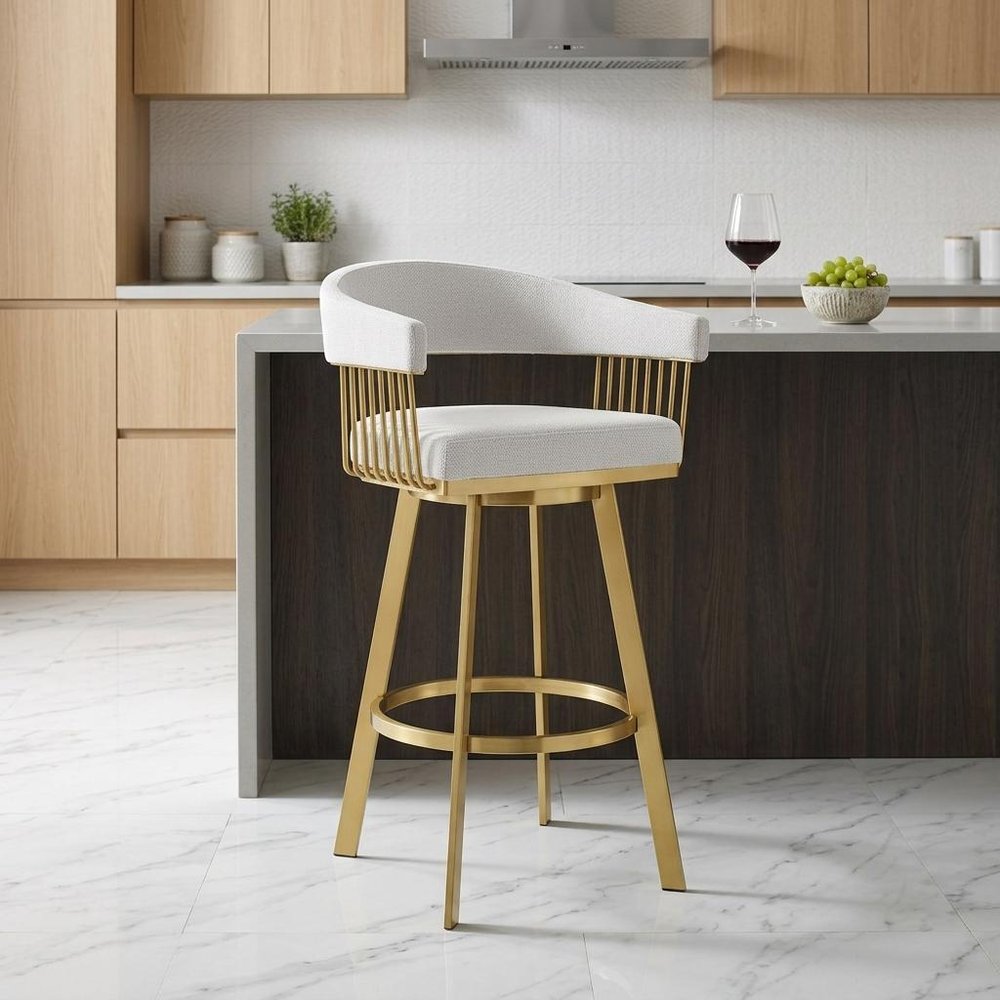 26" Silver and Gold Fabric and Stainless Steel Low Back Counter Height Swivel Bar Chair