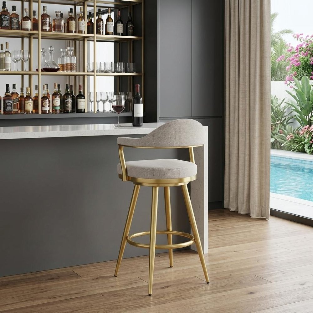 30" Taupe and Gold Fabric and Stainless Steel Bar Height Swivel Bar Chair