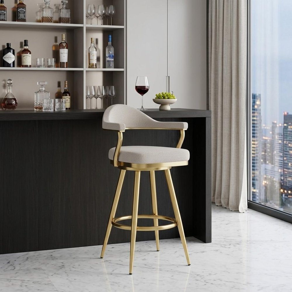 30" Taupe and Gold Fabric and Stainless Steel Bar Height Swivel Bar Chair