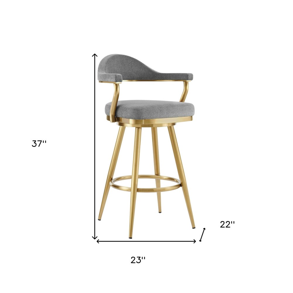 26" Gray and Gold Fabric and Stainless Steel Counter Height Swivel Bar Chair