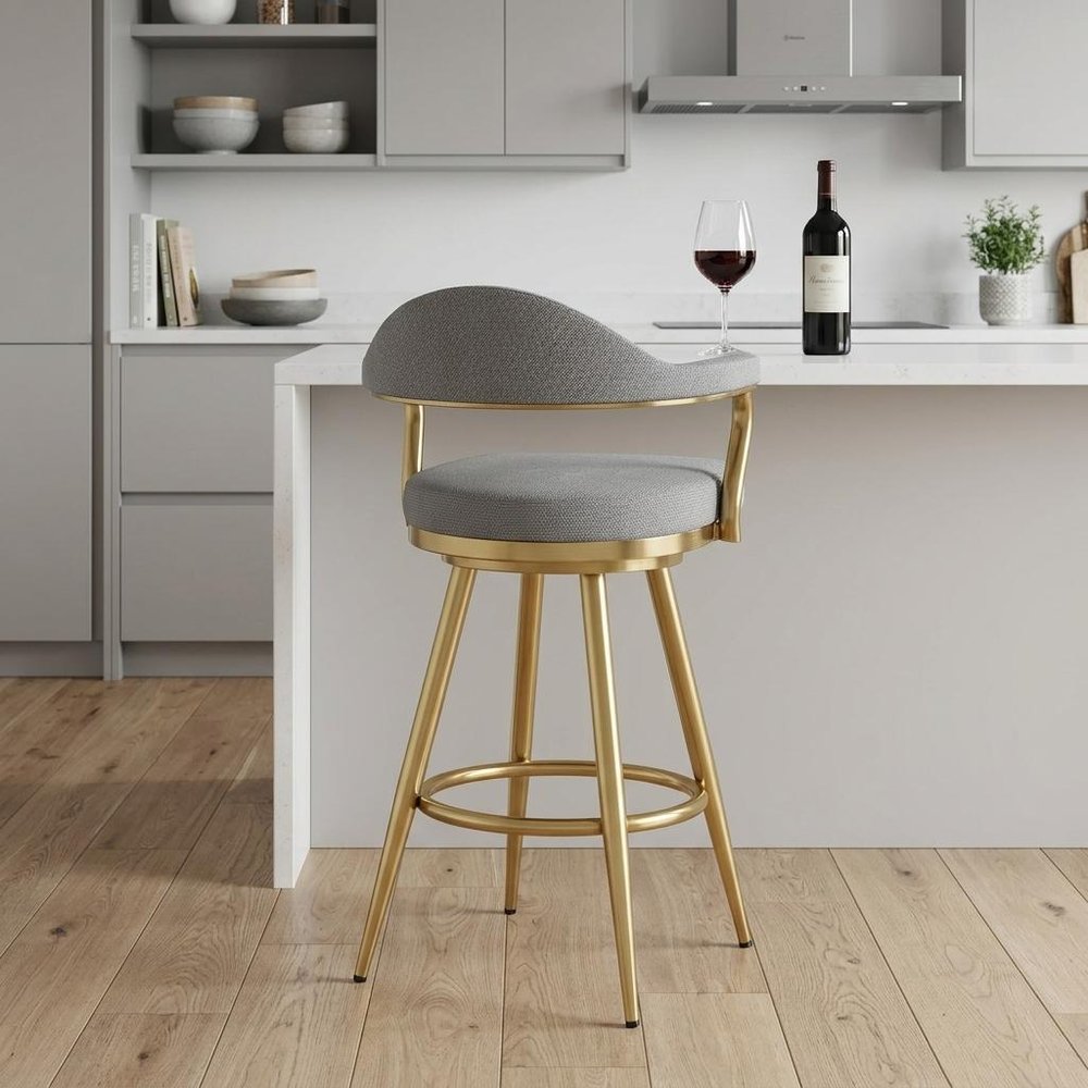 26" Gray and Gold Fabric and Stainless Steel Counter Height Swivel Bar Chair