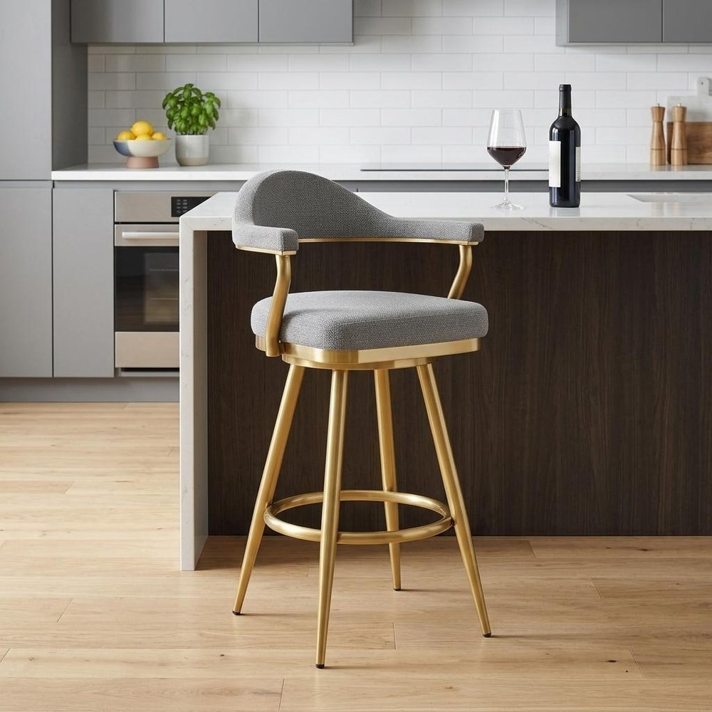 26" Gray and Gold Fabric and Stainless Steel Counter Height Swivel Bar Chair