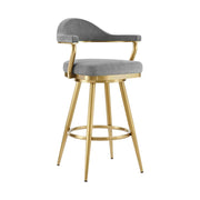 26" Gray and Gold Fabric and Stainless Steel Counter Height Swivel Bar Chair