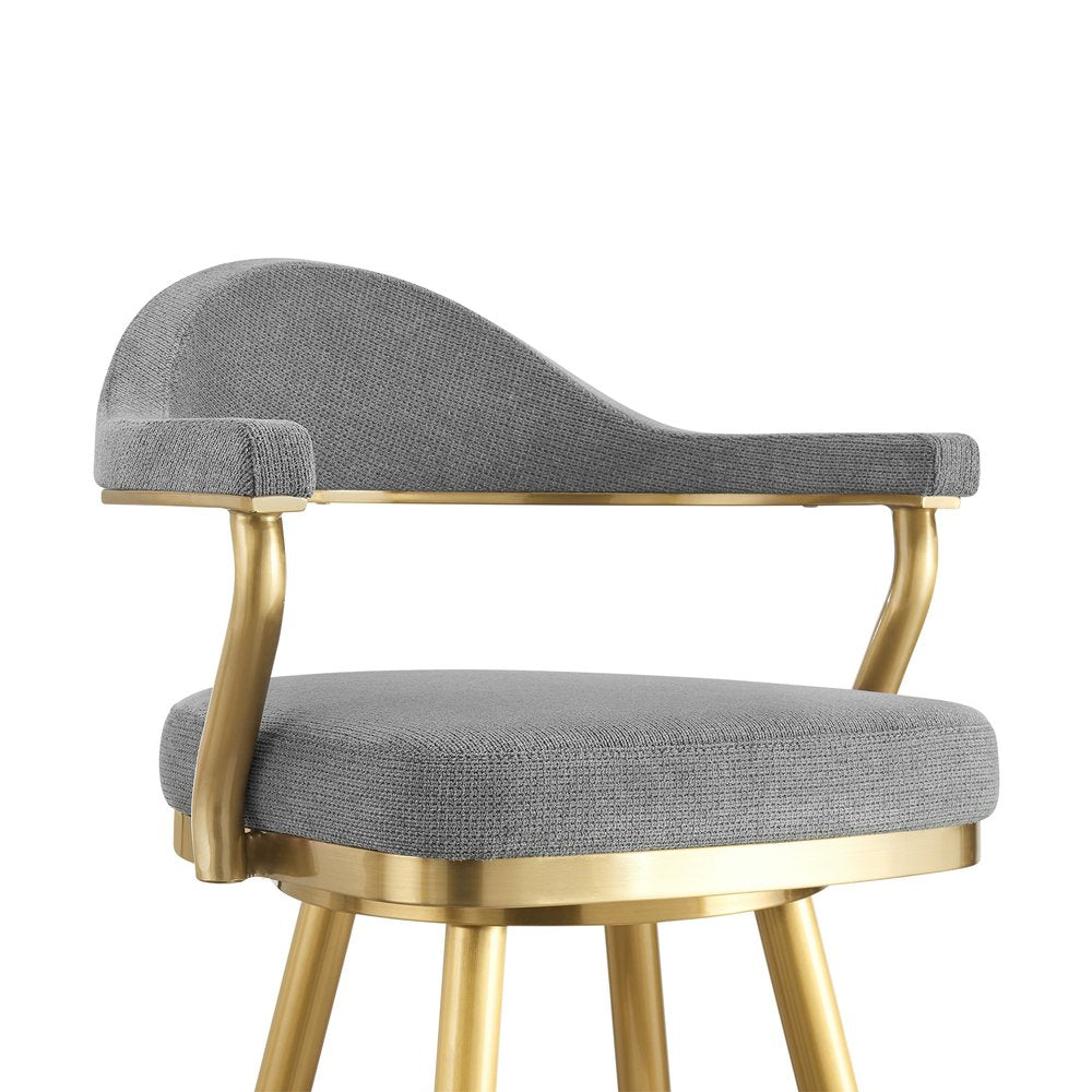26" Gray and Gold Fabric and Stainless Steel Counter Height Swivel Bar Chair