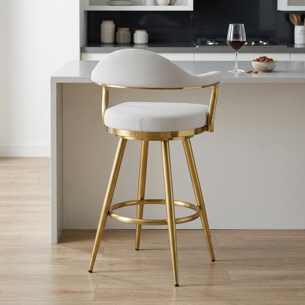 26" Silver and Gold Fabric and Stainless Steel Counter Height Swivel Bar Chair
