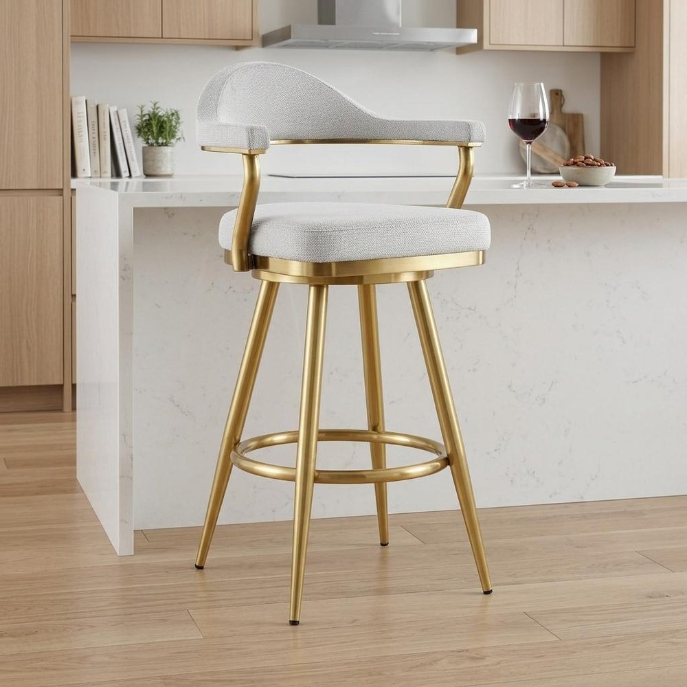 26" Silver and Gold Fabric and Stainless Steel Counter Height Swivel Bar Chair
