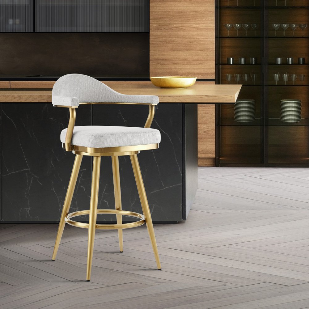 26" Silver and Gold Fabric and Stainless Steel Counter Height Swivel Bar Chair