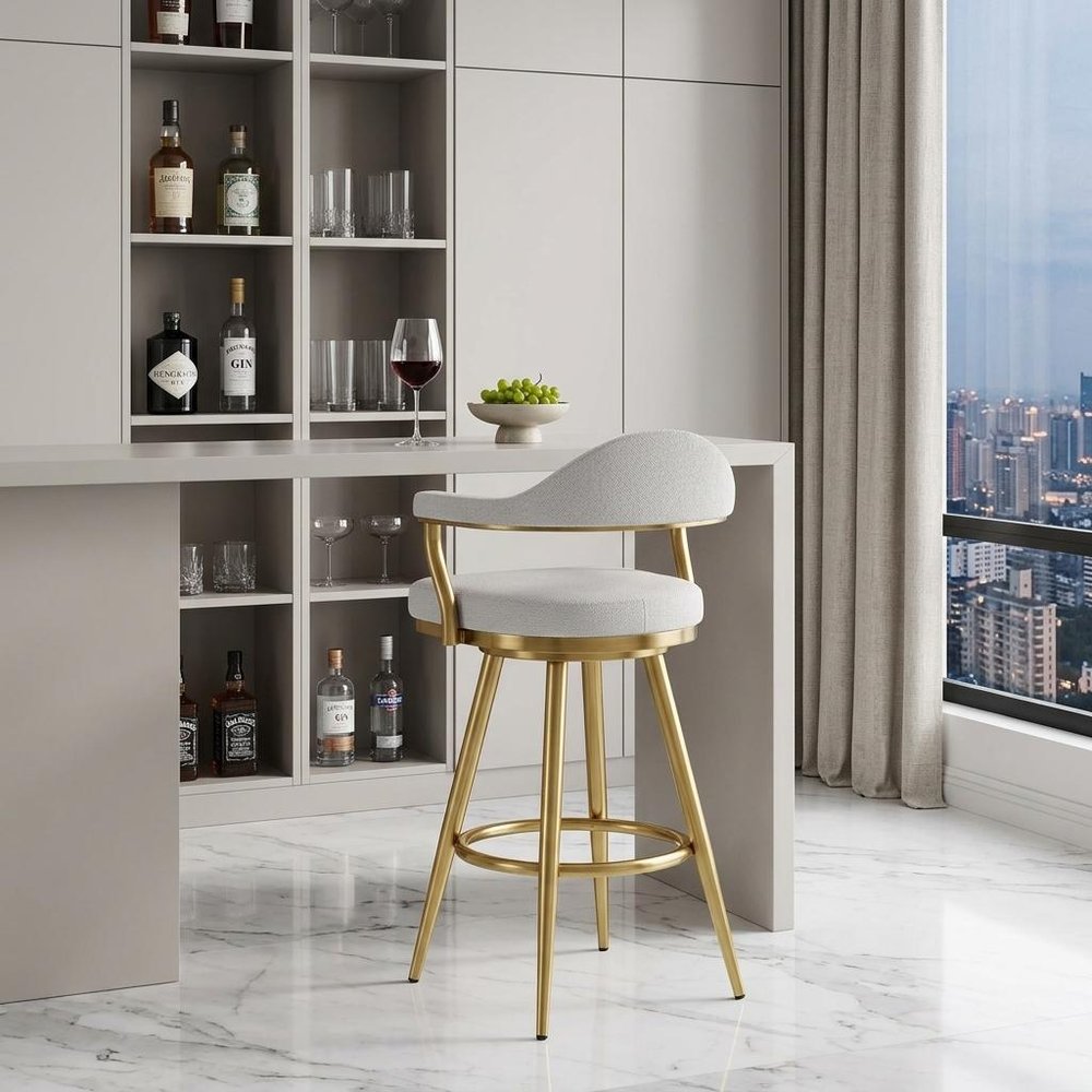 30" Silver and Gold Fabric and Stainless Steel Low Back Bar Height Swivel Bar Chair