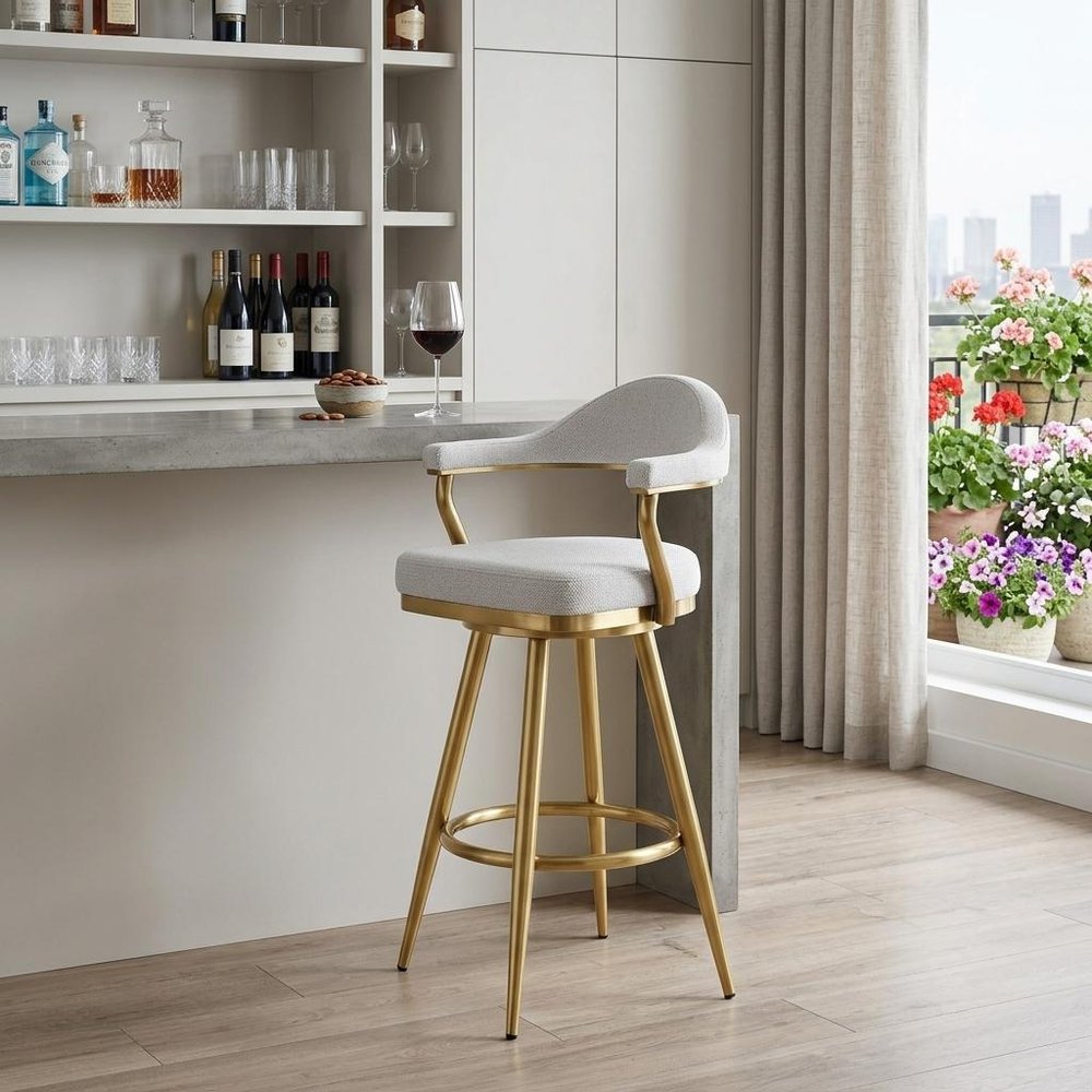 30" Silver and Gold Fabric and Stainless Steel Low Back Bar Height Swivel Bar Chair