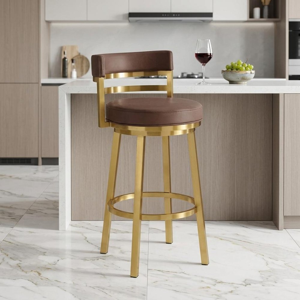 26" Coffee and Gold Faux Leather and Stainless Steel Low Back Counter Height Swivel Bar Chair