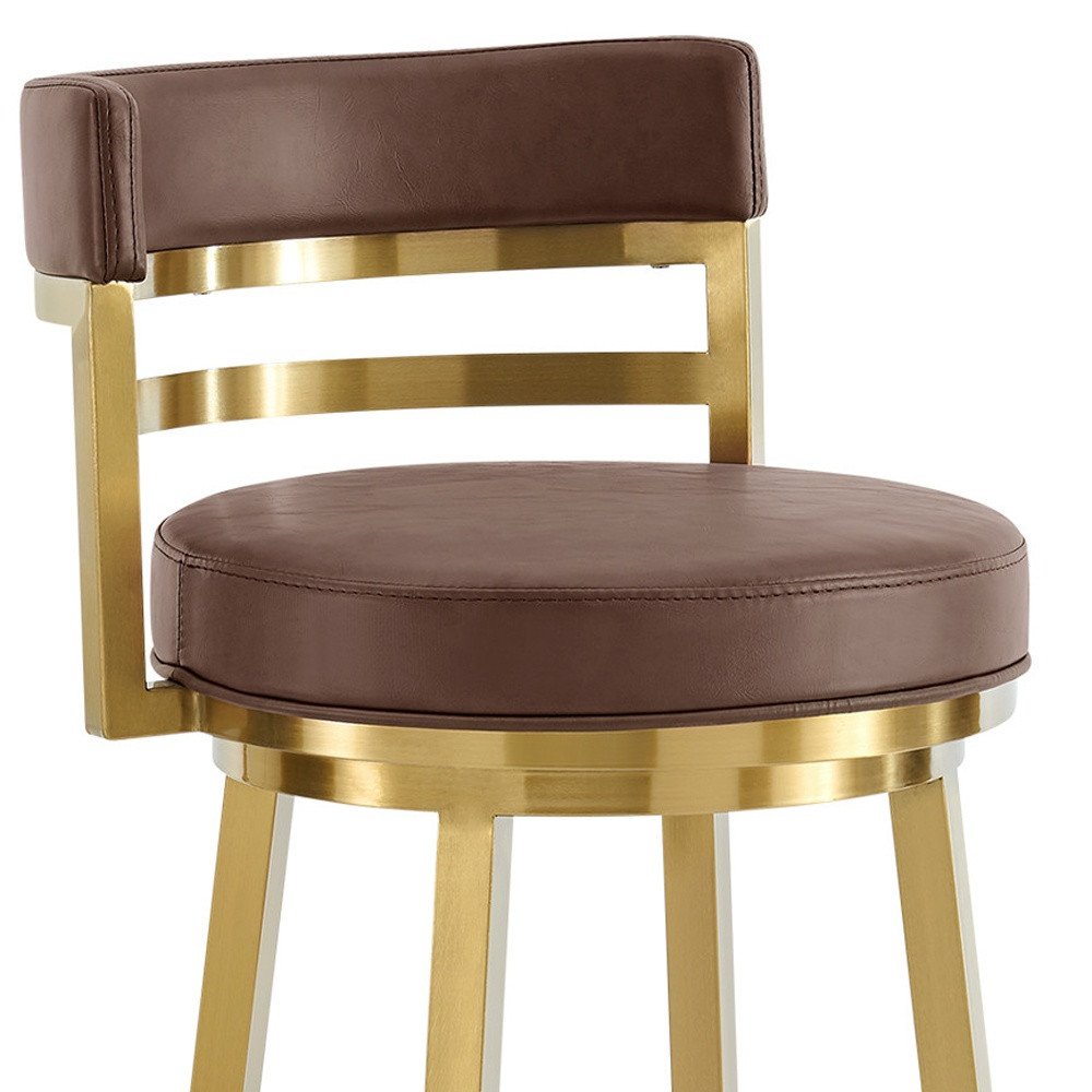 30" Coffee and Gold Faux Leather and Stainless Steel Low Back Bar Height Swivel Bar Chair