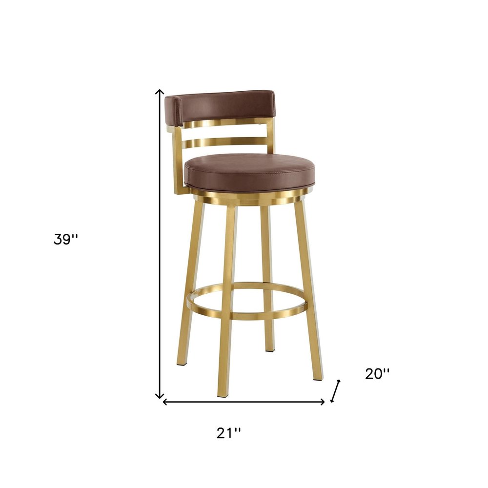 30" Coffee and Gold Faux Leather and Stainless Steel Low Back Bar Height Swivel Bar Chair