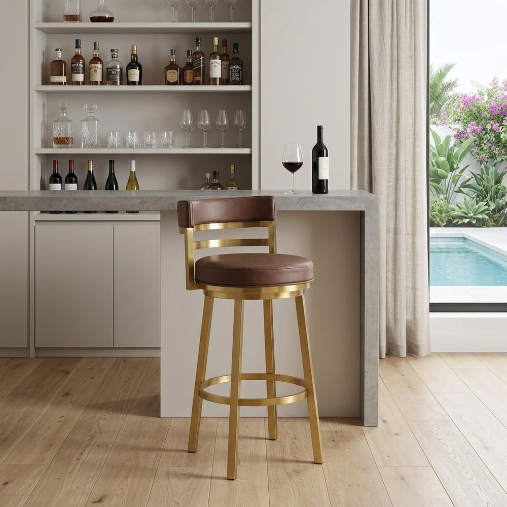 30" Coffee and Gold Faux Leather and Stainless Steel Low Back Bar Height Swivel Bar Chair
