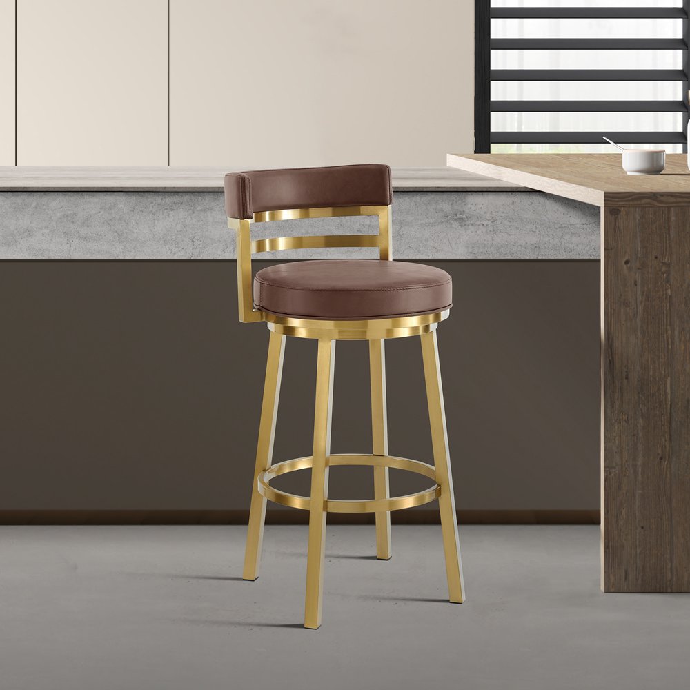30" Coffee and Gold Faux Leather and Stainless Steel Low Back Bar Height Swivel Bar Chair