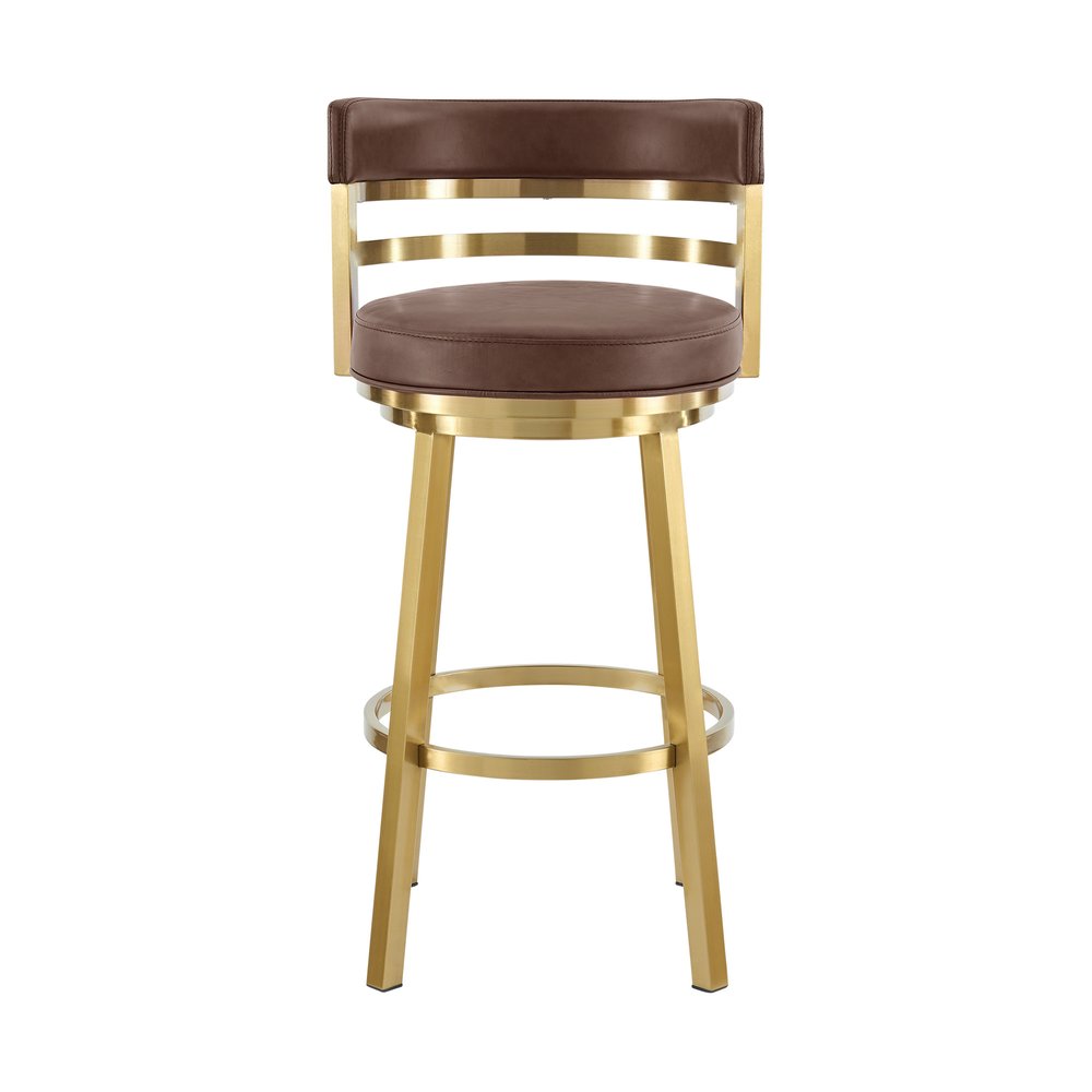 30" Coffee and Gold Faux Leather and Stainless Steel Low Back Bar Height Swivel Bar Chair
