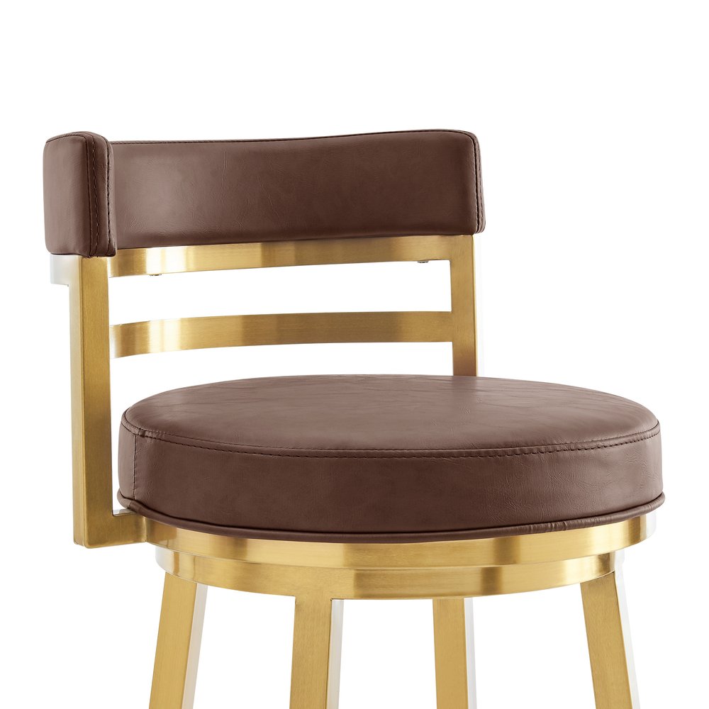 30" Coffee and Gold Faux Leather and Stainless Steel Low Back Bar Height Swivel Bar Chair