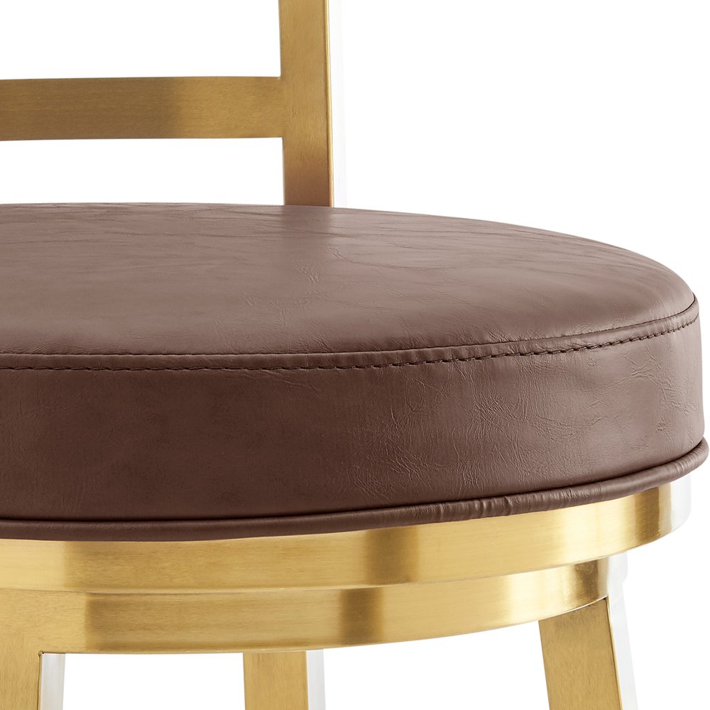 30" Coffee and Gold Faux Leather and Stainless Steel Low Back Bar Height Swivel Bar Chair