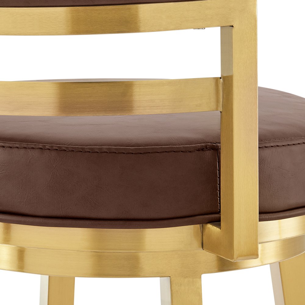 30" Coffee and Gold Faux Leather and Stainless Steel Low Back Bar Height Swivel Bar Chair