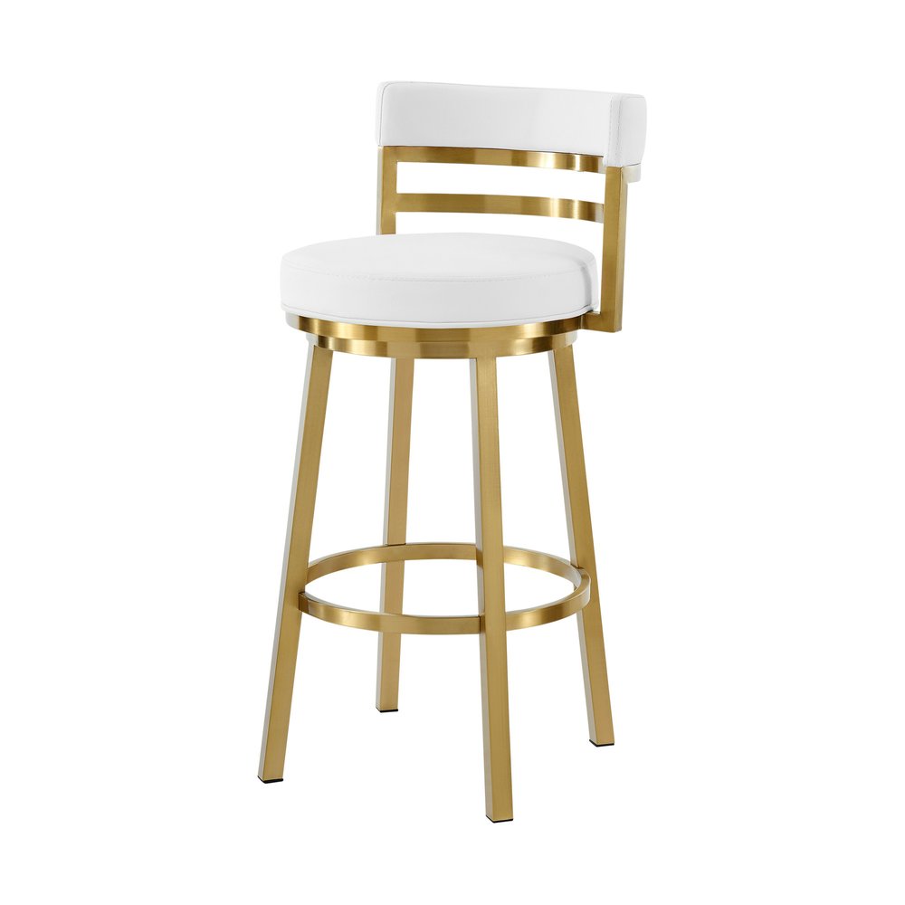 26" White and Gold Faux Leather and Stainless Steel Low Back Counter Height Swivel Bar Chair