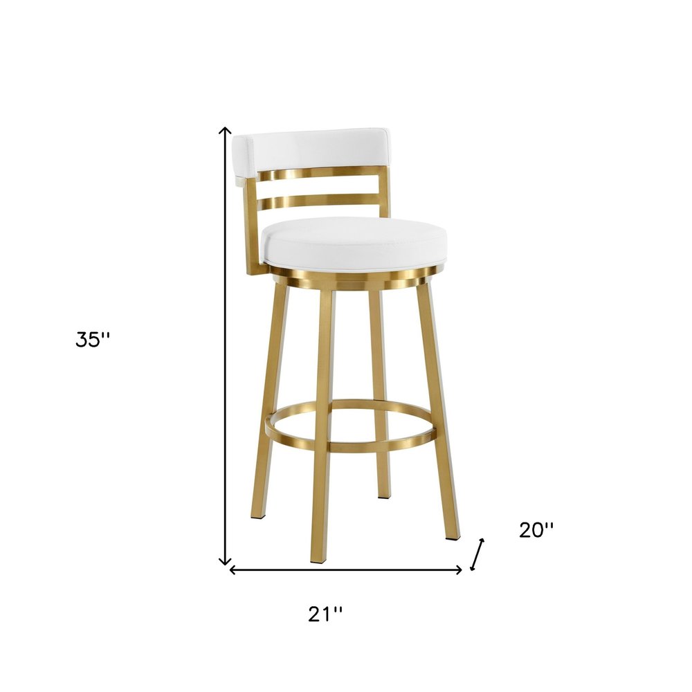 26" White and Gold Faux Leather and Stainless Steel Low Back Counter Height Swivel Bar Chair